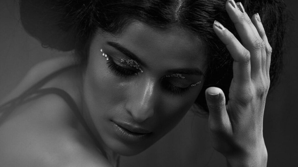 a female model in a black and white picture