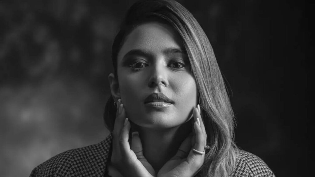 a female model in a black and white picture