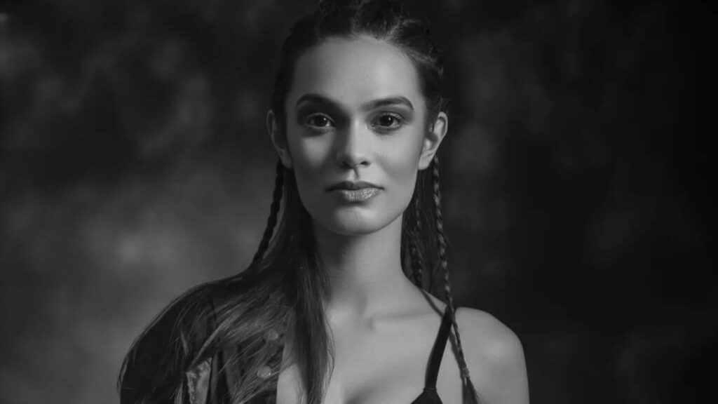 a female model in a black and white picture